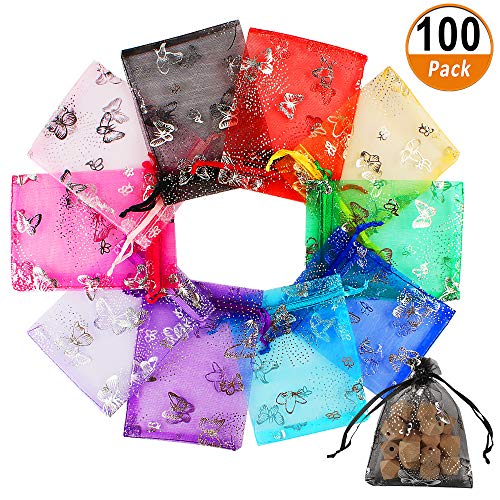 Heqishun 100 Pcs Sacs-Cadeaux en Organza avec Cordon Sachets en Organza pour Bijoux, Bonbons et Petits Articles, Sacs-Cadeaux pour Fêtes, Mariages et Noël