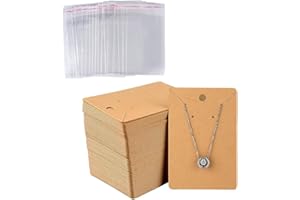 JIHUOO Lot de 100 Cartes de présentation pour Boucles d'oreilles et Colliers - Cartes à Suspendre pour la Vente de Bijoux - Carton avec 100 Sacs adhésifs Transparents - Marron