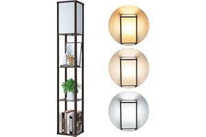 OMDEKOR Lampa stojąca LED z drewna, brązowa, lampa stojąca z regałem, drewniana półka z 3 temperaturami barwowymi, żarówka E27, oświetlenie retro z oprawką E27, do salonu, biura, sypialni, korytarza (bez