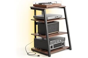 FITUEYES DESIGN HIFI Stand with LED Ambient Lighting and Power Outlets 4-Tier Wooden Shelves Record Player Stand Load Capacity 50KG 61 x 52 x 78 cm Eiffel Series