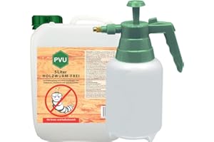 Pvu Holzwurmspray 5 Liter + Sprüher | farbloses Mittel gegen Holzwurmbefall | dauerhafte Wirkung zur Holzwurmbekämpfung | Holzwurmtod formuliert in Deutschland