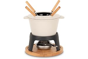 La Fonderie 1890 Service à Fondue en Fonte pour 4 Personnes Mont Joly, pour Fondues au Fromage et au Chocolat, Couvercle antiéclaboussures, 4 Fourchettes avec Manches en Bois de hêtre, Capacité 1,2L