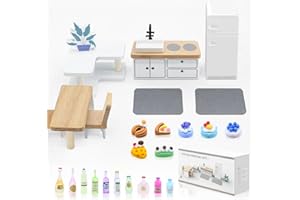 AOPIER 24PCS Miniature Dollhouse Kitchen Furniture Set, Wooden Mini Furniture Dollhouse Accessories with Mini Food Refrigerator, Pretend Play Furniture Toys for Kids Age 3+ Birthday