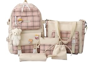 CYMWER 5Pcs Canvas School Backpack Combo Set, Kawaii School Backpacks for Girls Student, Cute Aesthetic Backpack Small Canvas Tote Bags Kawaii Accessories Backpack for School