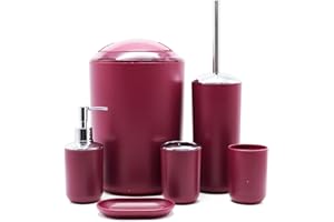 Keraiz 6 Pieces | Bathroom Accessories Set | Plastic Bathroom Accessories | Toothbrush Holder, Rinse Cup, Soap Dish, Hand Sanitizer Bottle, Waste Bin, Toilet Brush with Holder | Maroon