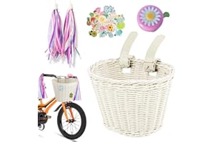 Cesta delantera para bicicleta infantil desmontable, EUBSWA cesta de mimbre delantera con campanas y serpentinas, accesorios para cesta de bicicleta para niñas