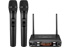 FerBuee Microfono Wireless Microfono Dinamico Doppio con Ricevitore e Anello Antiscivolo Microfono Dinamico Doppio Palmare per Karaoke, DJ, Matrimonio, Festa, Chiesa