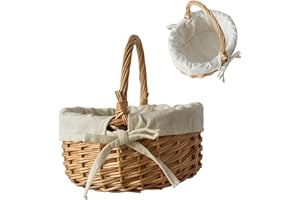 DZQAD Panier en Osier avec Anse Et Doublure - Panier De Pâques Décoratif, Rond Panier De Pâques Tressé Panier Cadeau, Panier De Courses en Osier, pour Les Achats Et pour Pique-Nique, Fourniture De Fête