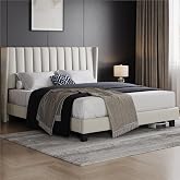 Yaheetech Upholstered Bed with Padded Headboard 16 x 200 cm Beige | Double Bed Striped Headboard with Wings Wood and Metal Sl