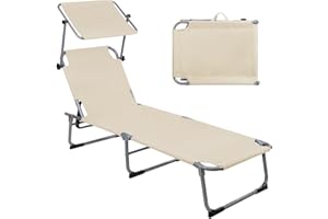Montafox Tumbona Plegable con Parasol 195 x 59 x 32 cm Tumbona Playa Cojín Máx 150 kg Reclinable Plegables Piscina Jardín Exterior Terraza, Color:Beis