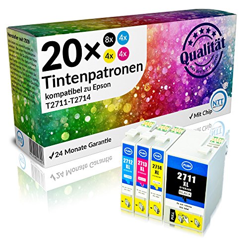 N.T.T.® ★★ PREMIUM ★★ 20x XL kompatible Druckerpatronen (8 Schwarz, 4 Cyan, 4 Magenta, 4 Yellow) für Epson WF-7620 DTWF, WF-7610 DWF, WF-7110 DTW, WF-3640 DTWF, WF-3620 DWF Tintenpatronen kompatibel zu Epson Serie 27XL (T-2711, T-2712, T-2713, T-2714)