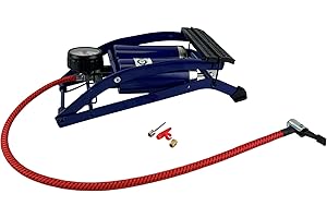 Sakura Twin Cylinder Foot Pump PG270 TWN – 52 cm Hose, Thumb Lock Connector, Pressure Gauge, 3 Valve Adaptors, Blue - For Schrader Valves Only