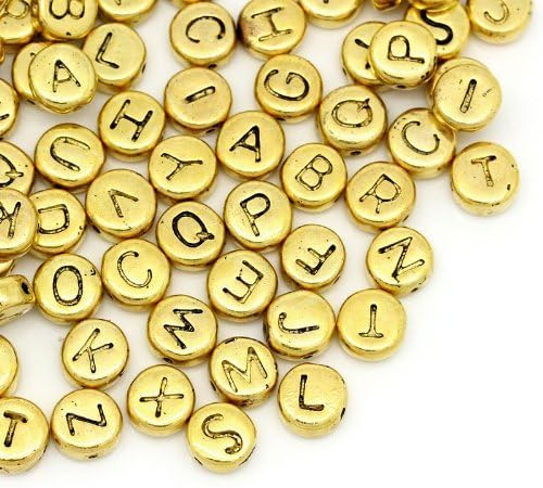50 Pcs flat round Letter beads Alphabet mixed im Big pack 6mm golden