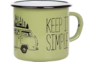Mugsy - Tazza smaltata con scritta in inglese "Keep it simple” e disegno di camper, 330 ml, attrezzatura da campeggio, colore verde