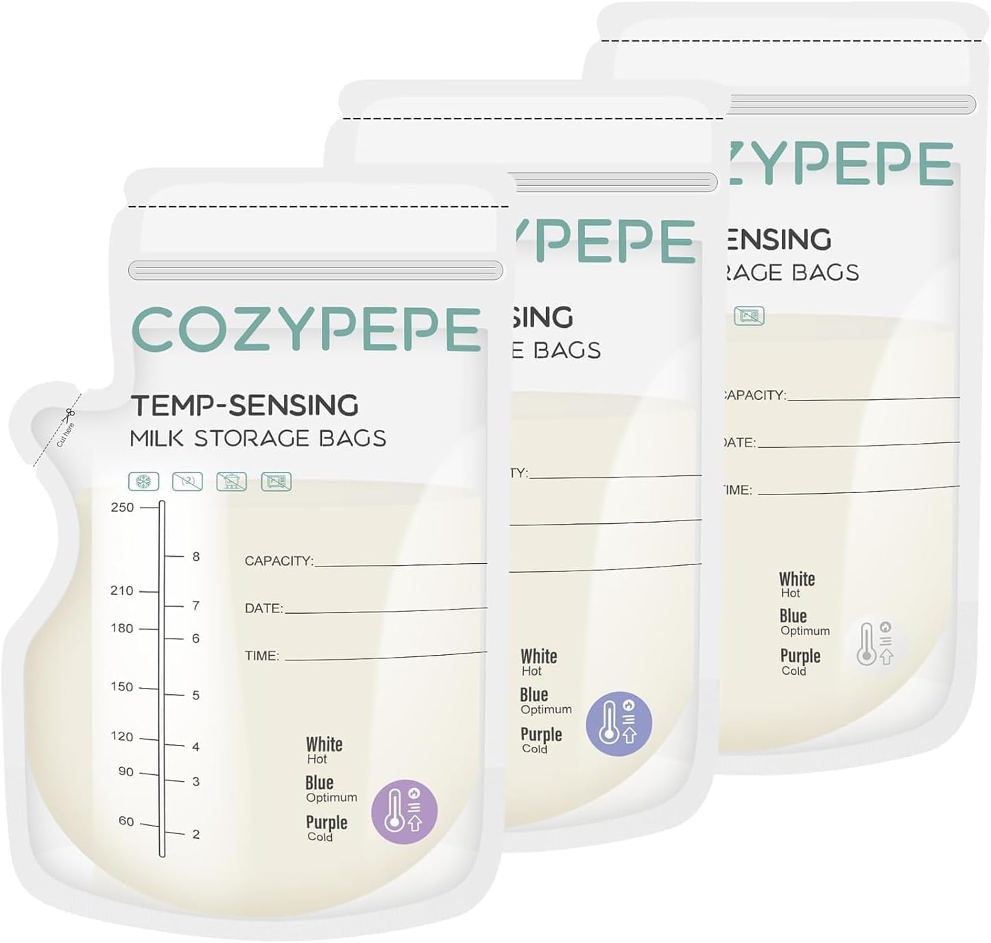 100 Pcs Breastmilk Storage Bags, 8oz/250ml Breast Milk Storing Bag with Pour Spout, Temperature-Sensing Color Change Milk Bag for Convenient Breastfeeding, No Leak Presterilized for Freezer