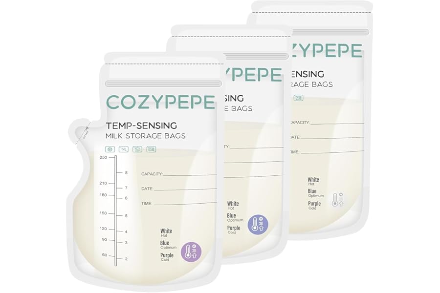 100 Pcs Breastmilk Storage Bags, 8oz/250ml Breast Milk Storing Bag with Pour Spout, Temperature-Sensing Color Change Milk Bag for Convenient Breastfeeding, No Leak Presterilized for Freezer