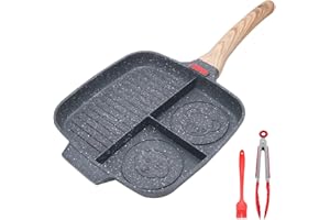Bobikuke Poêle Grill 3 en 1, Poêle Antiadhésive en Aluminium Skillet Gril Carrée Avec Poignée Anti-brûlure pour le petit déjeuner, steak, œufs au plat, pour Tous Feux Dont Induction - Noir