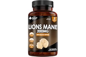 Lions Mane Mushroom 2000mg - 180 High Strength Vegan Tablets - Lion's Supplement with Black Pepper - Mushrooms Extract (Not Powder or Capsules) Made in The UK by New Leaf products