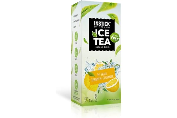 INSTICK Ice Tea | Sockerfri snabbdryck – iste citron | svart te | förpackning med 12 för 12 x 1,5 l | Dryckepulver – vegansk, lågt kaloriinnehåll, aromatiserad med vitamin C