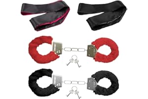 DALAETUS 2 Pare Esposas Set con 4 Llaves y 2 Antifaces para Dormir, Esposas de Peluche, Esposas de Metal Accesorios para Fiesta Juguetes Parejas(Rojo+Negro)