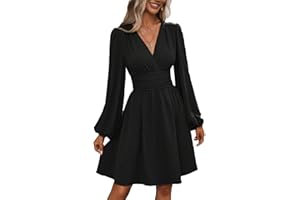 UUAISSO Vestito Casual da Donna Manica Lunga Vita Alta A Line Abiti Avvolgenti Scollo a V Midi Dress