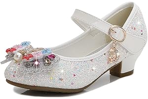 BININBOX Girls High Heels Glitter Sequins Children's Bow Princess Low-Top Student Performance Shoes