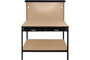 MONSTER RACKING Garage Workbench Black Pegboard Drawer Shelves LED Light Heavy Duty Steel Wooden Workshop Industrial Shed DIY Work Table Desk Tool Storage Station Unit 370kg Total Capacity 40 Hooks Rubber Mallet