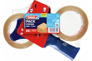 tesapack Strong dozownik taśmy pakowej - 2 taśmy samoprzylepne z PVC | Dozownik do taśm pakowych + 2 Rolki przezroczystej taśmy pakowej, 66 m x 50 mm - wytrzymała taśma, do ciężkich paczek