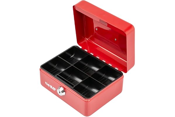 HMF Caisse à monnaie verrouillable, Caisse avec plateau à pièces, 6 compartiments à pièces | 15 x 12 x 8 cm | Rouge