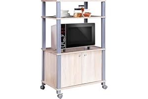 ‎GOPLUS GOPLUS Mikrowellenregal, Mikrowelle Regal Ablage, Küchenregal auf Rollen mit 3 Schichten und Schrank, Küchenwagen Servicewagen, Stabiles Standregal Großer Stauraum Platzsparend (Hellbraun)