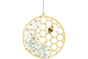 Gisela Graham ONE wooden hanging spring/easter Decoration - Honeycomb disc with Daisy/Bee 10cm