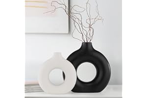Sawoake Weiße+Schwarze Donut Keramik Vase Satz von 2 für Moderne Home Decor, Runde Matte Vasen für Pampasgras, Neutral Boho Nordic Minimalismus Stil Blumenvasen（Groß Schwarze+klein Weiße）