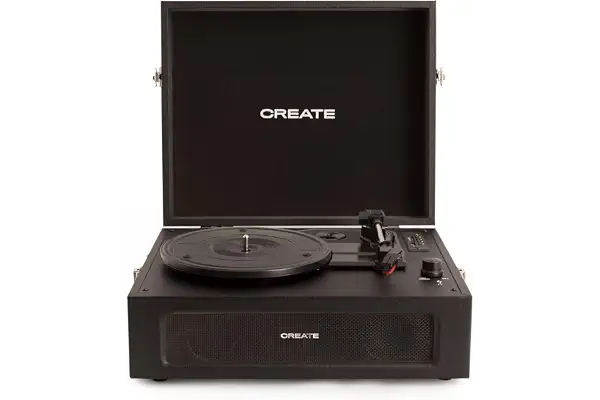 CREATE/Record Player Retro/Tocadiscos Retro Negro/Diseño Vintage, Bluetooth, USB, SD, MicroSD,Mp3, Sonido estéreo, 3 velocidades de reproducción, para Todo Tipo de vinilos