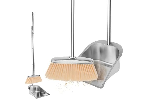 Kvast sopskyffelset med långt handtag 118 cm rostfritt stål rengöringsset | Upprätt sopkvast och spade för hus kontor terrass utomhus, robust design för snabb golvrengöring