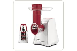 LITTLE BALANCE 8701 Easy Veggie, Découpe légumes électrique 4 en 1, Râper émincer trancher gratter, Large plateau sur goulotte, 5 accessoires en acier inoxydable amovibles, 150 W, Blanc/Rouge