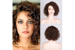 FASHION IDOL Peluca Corta Ondulada con Encaje para Mujer Pelo Humano Enredado Peluca Rizada Peluca con raya al lado Longitud del Hombro