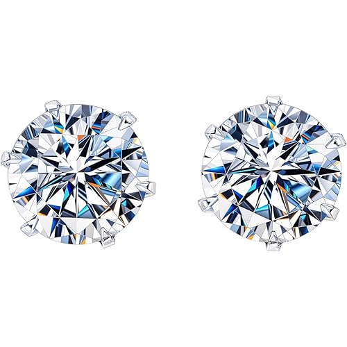 HIGHSPARK 925 Silver Solitaire Stud Earrings | 92.5 Sterling Silver & Round Brilliant Cubic Zirconia Tops for Men Women