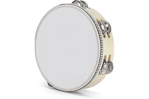 Flexzion Tamburin, Handtrommel mit Handgriff - 20cm, Schellenkranz in Mond-Form aus Holz, Musik Schlaginstrument, zweireihige Schellenring mit 12 Paar Metall Schellen, für KTV & Party, Beige