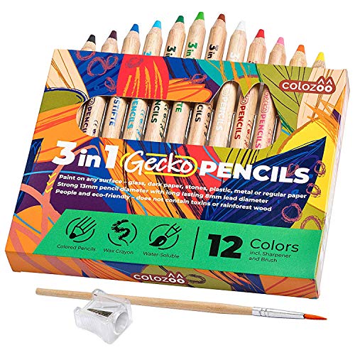 colozoo Gecko - Juego de 12 lápices de madera 3 en 1, incluye pincel y sacapuntas, 12 lápices de colores gruesos, lápices de acuarela y ceras en 1 producto para pintar en cualquier superficie