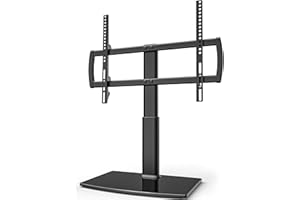 HEMUDU HT03B-002P Uniwersalny stojak pod telewizor z uchwytem na telewizor od 32 do 70 cali, 4-stopniowa regulacja wysokości, wytrzymała podstawa ze szkła hartowanego, mieści ekrany do 45 kg, HT03B-002P