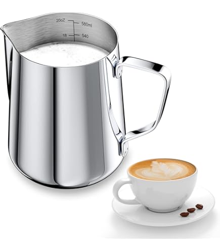 POFET Roestvrijstalen melkkan, 600 ml handheld koffiecreamer melkschuimen kruikbeker met maatmarkering en latte artpen, melkkannetkannen perfect voor barista cappuccino espresso maken