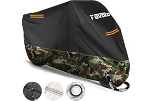 Favoto Motocykl Pokrywa Pokrywa 210D Wodoodporna Ochronna Ochronna Z Odblaskowym Pasmem Pył Deszcz Wiatr Śnieg Ptak Odchody Na Świeżym Powietrzu, 220x105x125cm Czarny+Kamuflaż