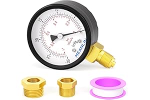 MEANLIN MEASURE -30inHg-0Psi/-1~0Bar Vacuum Pressure Gauge 1/4" BSP 2" FACE DIAL, Lower Mount, with 1/4" x 3/8" BSP and 1/4" x 1/2" BSP Hex Bushing