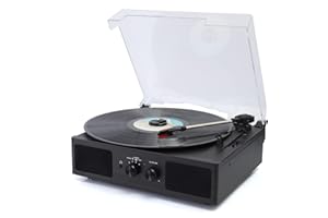 Hernido Vinyl Record Player, Belt-Driven 3-Speed Turntable, Bluetooth Speaker with Input & Output Function, Supports AUX-in, RCA Output, Headphone Jack (Black)