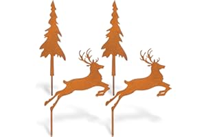 PBWZF Deko Weihnachten, 4 Stück Rost Deko Weihnachten, Gartenstecker Weihnachten für 2X Elch + 2X Weihnachtsbaum, Roststecker Weihnachten für Garten, Terrasse, Töpfe