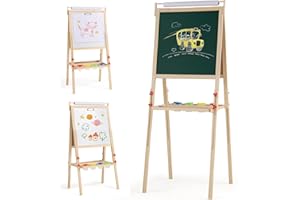 RELAX4LIFE Cavalletto per Bambini, Cavalletto Artistico in Legno con Altezza Regolabile, Cavalletto a Doppia Faccia con Rotolo di Carta, 2 Vassoi, 4 Tazze e Accessori Completi