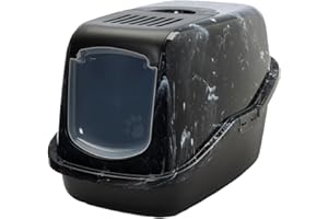 bac litiere pour Chat - Savic Nestor Marble - Noir/Blanc - Moderne - façade ouvrante - Filtre à Charbon - poignée intégrée - 56x39x38,5 cm