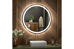 KWW 60 cm LED Rotondo Specchio Vanity Bagno, Temperatura di Colore Regolabile, Luci Dimmerabili Anti-Nebbia, Facile da Installare, Specchio Montato a Parete con Smart Touch Button