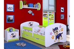 ‎HAPPY BABIES Happy Babies Children's Bed with Fall Protection Boy 140 x 70 cm Bed for Children's Room with Drawer and Mattress Single Bed for Children White/Blue Dog Motif Police (Green)