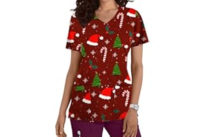 GRACEYO Damen Weihnachten Motiv Bunt Pflege Kasack Kurzarm V-Neck Krankenhaus Schlupfhemd Berufsbekleidung Atmungsaktiv Krankenpfleger Kasack Pflege Bluse Arzt Uniform Krankenschwester Kleidung Mit Taschen